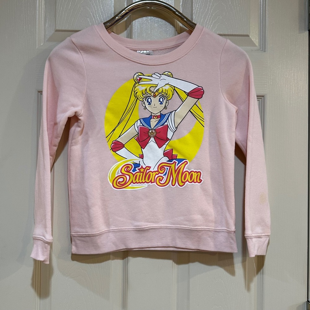 Sailor Moon Girls Pink Graphic Sweatshirt Size L 10-12 Anime Fleece Pullover